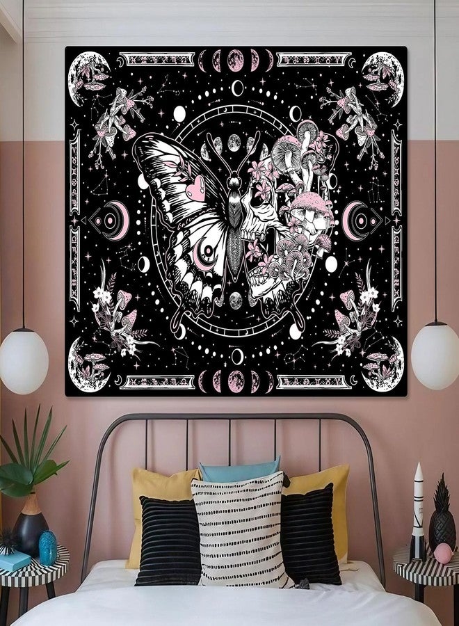 Fungarth Skeleton Butterfly Tapestry Pink Skull Hippie Mushroom Plants Tapestry for Bedroom Moon phase Aesthetic Tapestries Wall Hanging for Living Room Dorm (Pink, 48” x 36”) - Image 3